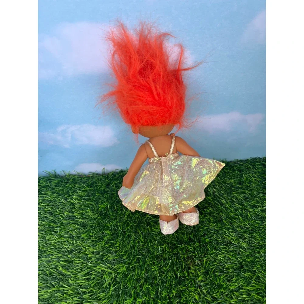 Vintage Russ Berrie Troll Doll Orange Hair Iridescent Gold Dress 5 Inch 90s